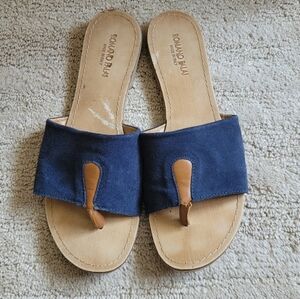 *FREE* LEATHER SLIP ON THONG SANDALS WIDE STRAP BROWN BLUE SUEDE 8.5
